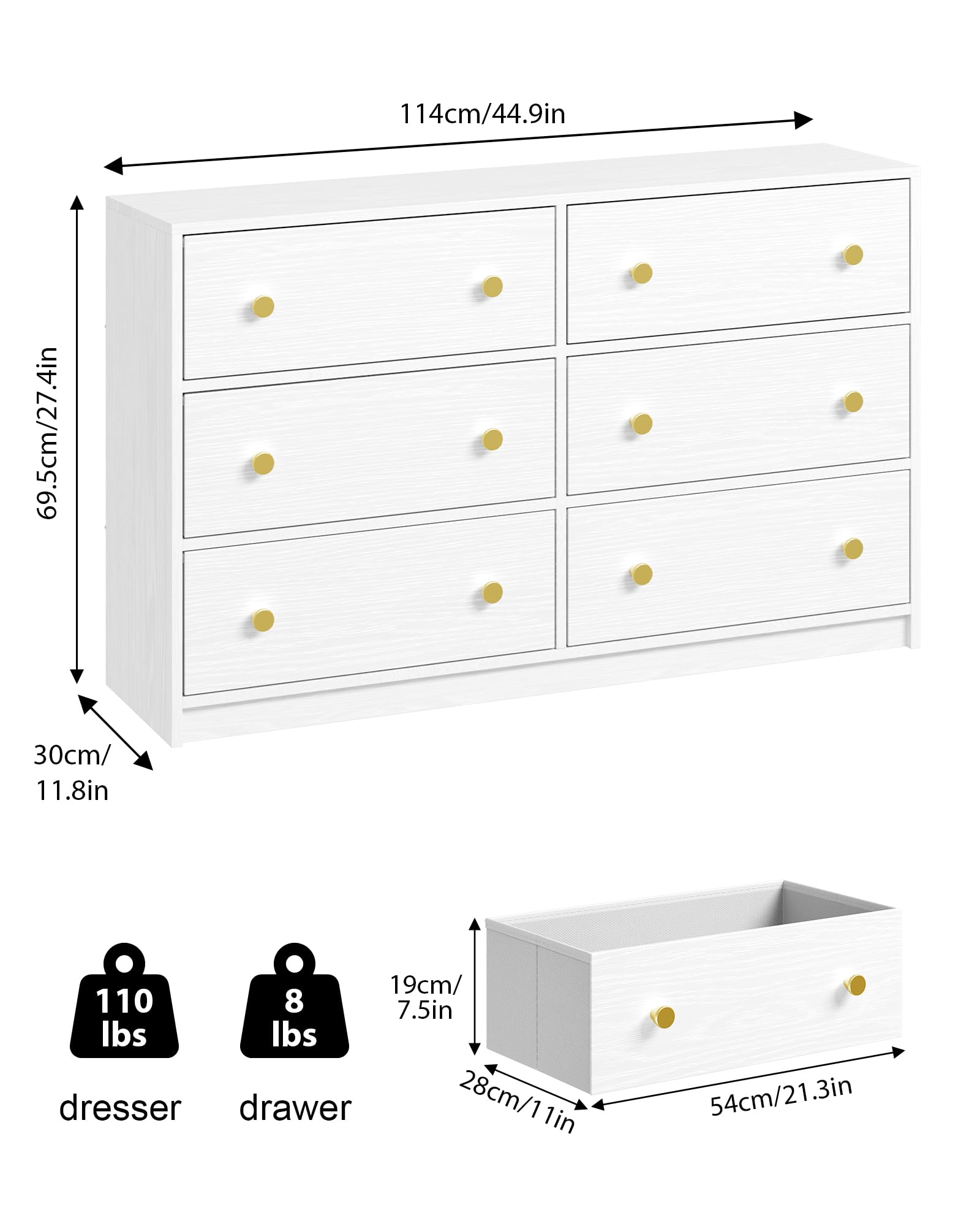 Nicehill Dresser for Bedroom with 6 Drawers, Fabric Storage Tower, Dresser & Chest of Drawers Organizer, Storage Cabinet for Hallway, Closets, Living Room,White Dresser Wooden（White） - WoodArtSupply