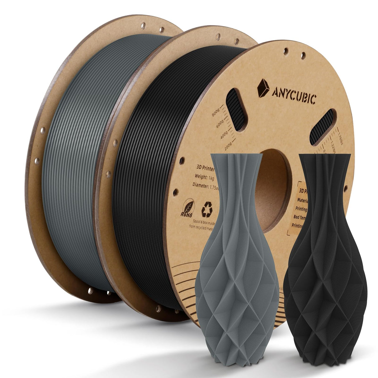 ANYCUBIC PLA Filament 1.75mm Bundle, 3D Printing PLA Filament 1.75mm Dimensional Accuracy +/- 0.02mm, 1KG Spool (2.2 lbs), 2KG Gray+Black ANYCUBIC