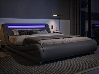 Allewie Grey King Size LED Platform Bed Frame with Adjustable Headboard and No Box Spring Required - WoodArtSupply