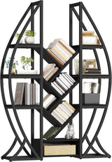DWVO Oval Bookshelf, Triple Wide 5 Tier Etagere Bookcase, Industrial Display Shelves for Living Room, Bedroom, Home Office, Black DWVO