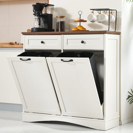 Spurgehom Double Tilt Out Trash Cabinet 13 Gallon Kitchen Waste Bins, Laundry Hamper Tilt Out Pet Proof Hidden Trash Bin for Kitchen, Antique White Spurgehom
