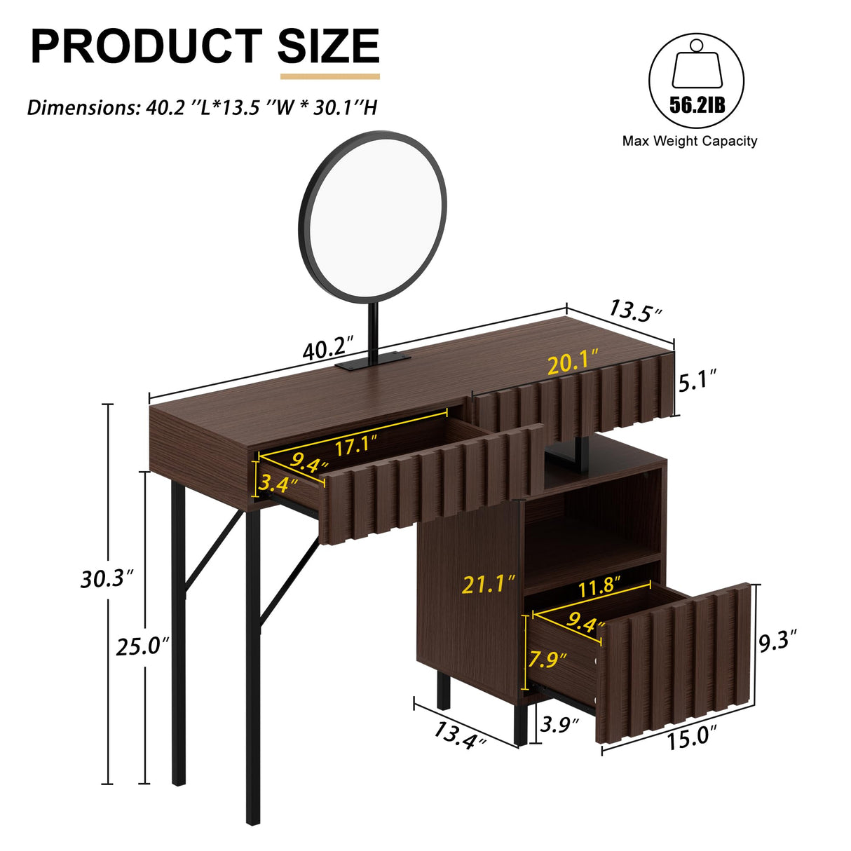 UEV Wood Vanity Desk with Mirror,Makeup Vanity Set with Drawer Chest,Vanity Dressing Table Makeup Desk Set with Storage Space for Bedroom(Brown) UEV