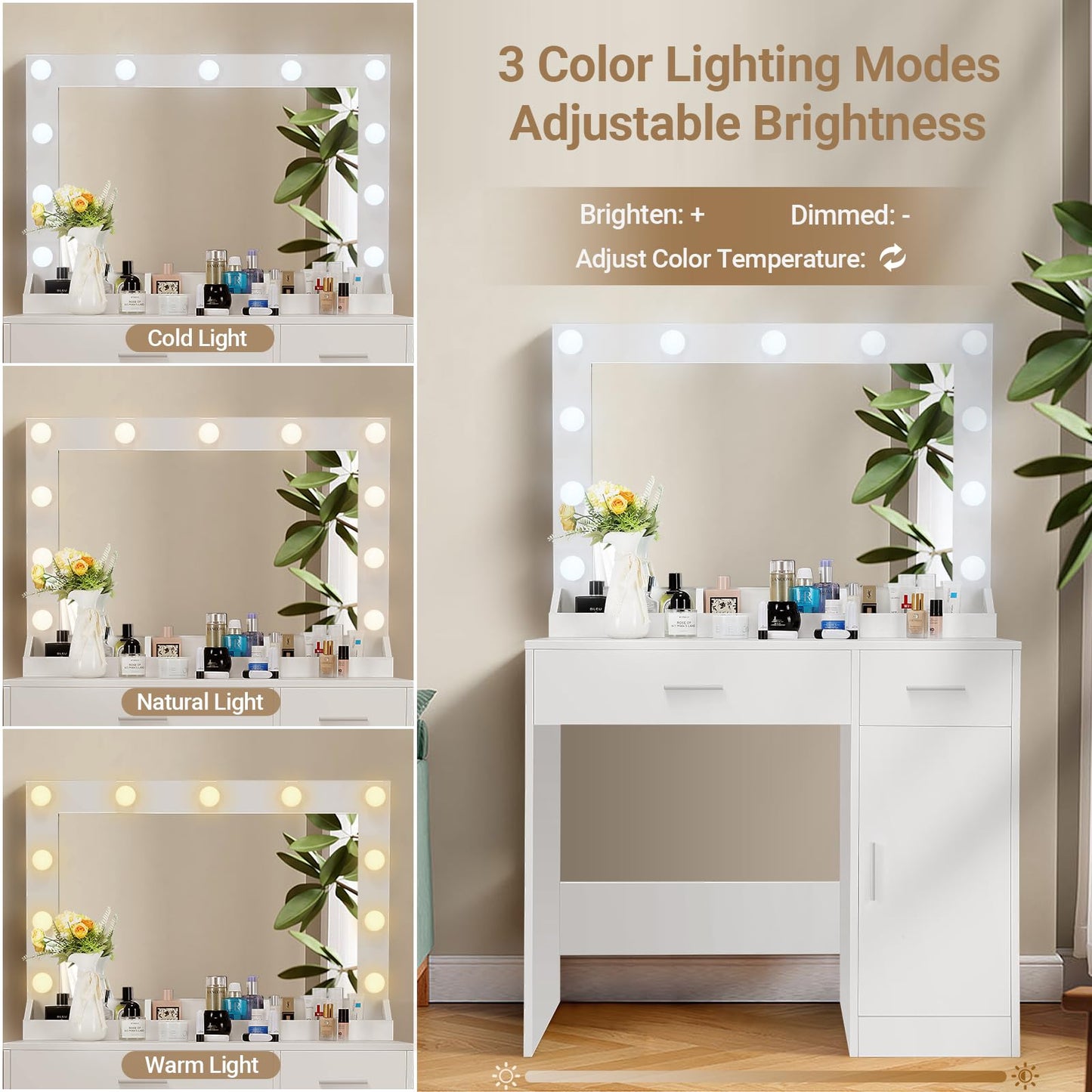 Likein White Vanity with Lighted Mirror - Small Vanity Desk with Mirror and Lights, Makeup Vanity Desk with Lights, Modern Dressing Table with Charging Station 2 Drawers & Cabinet for Girls Women