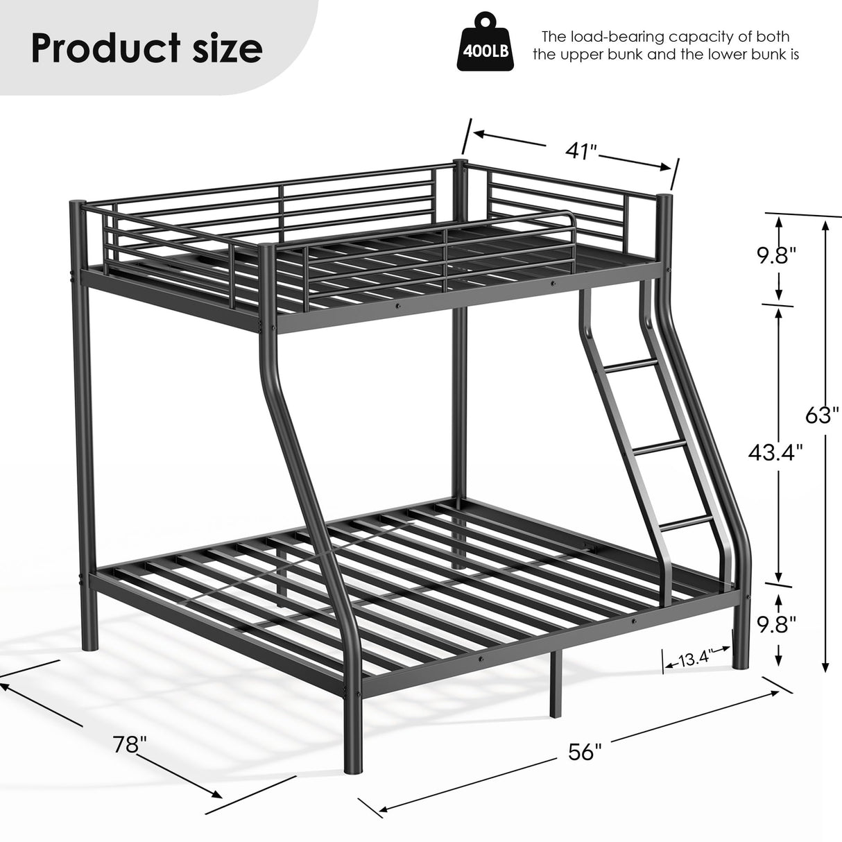 Twin Over Full Bunk Bed, Metal Bunk Beds Twin Over Full Size with Safety Ladder & Guardrail, Heavy Duty Bunkbed Frame for Adults Teens Dorm Bedroom Guest Room Apartment, Space-Saving (Black, Full) TBCOPTO