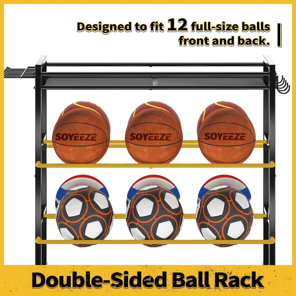 SOYEEZE Sports Equipment Organizer- Ball Storage for Garage,4 Tiers Outdoor Toy Storage,Soccer Racks,Basketball Shooting Training Stand Cart with Wheels and Hooks for Home-School and Gym Use SOYEEZE