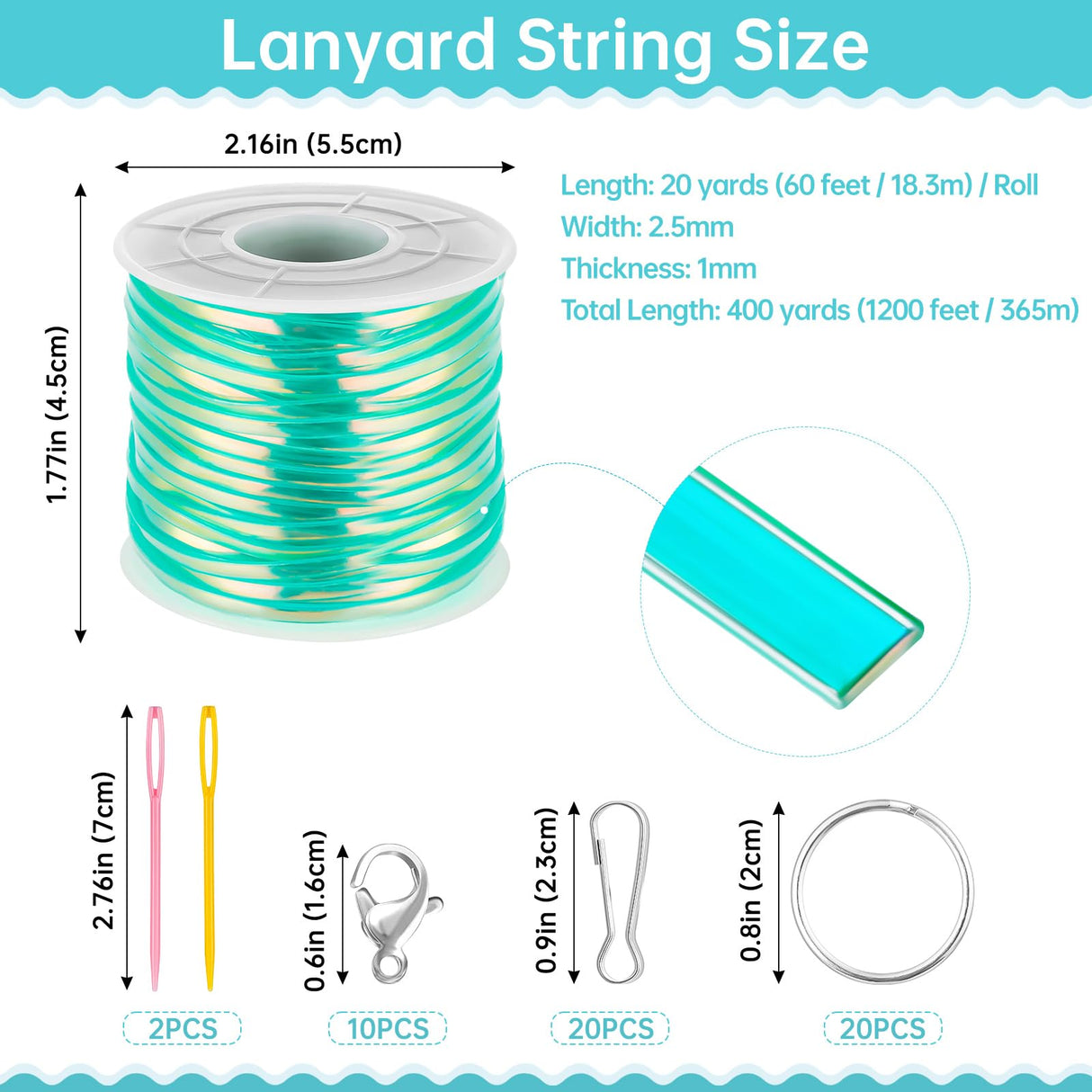 Tresotoyo Lanyard String, 20 Rolls Gimp String, Plastic String Lacing Cord, Boondoggle String Kit 1200 Feet and 52Pcs Keychain Lanyards Accessories for Keychain Crafts, Bracelet with Instruction Box Tresotoyo