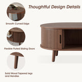 Alohappy Oval Coffee Table, Mid Century Modern Coffee Table with Sliding Tambour Door, Fluted Center Table with Hidden Storage, Curved Profile Dining Table for Living Room, Home Office,Walnut Alohappy