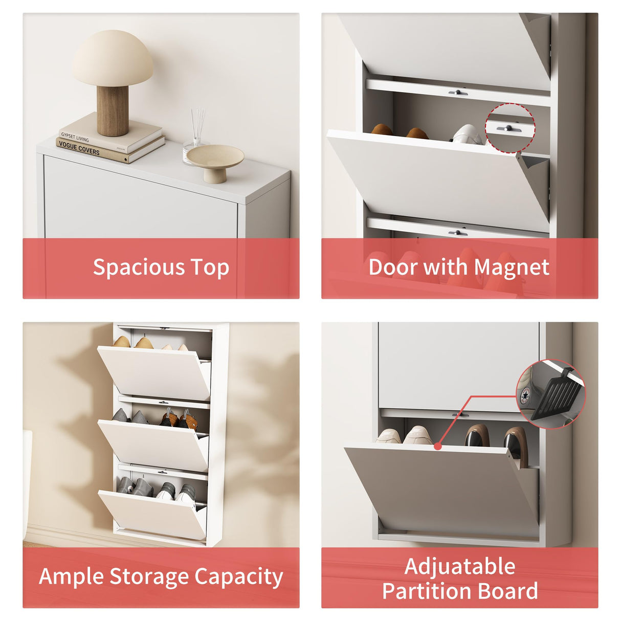 OPTYMIRA Metal Shoe Storage Cabinet with 3 Flip Drawers,White Wall Mount Slim Shoe Organizer for Entryway, Narrow Hidden Shoe Storage Rack for Hallway,Living Room, 40.98”*20”*6.69” OPTYMIRA