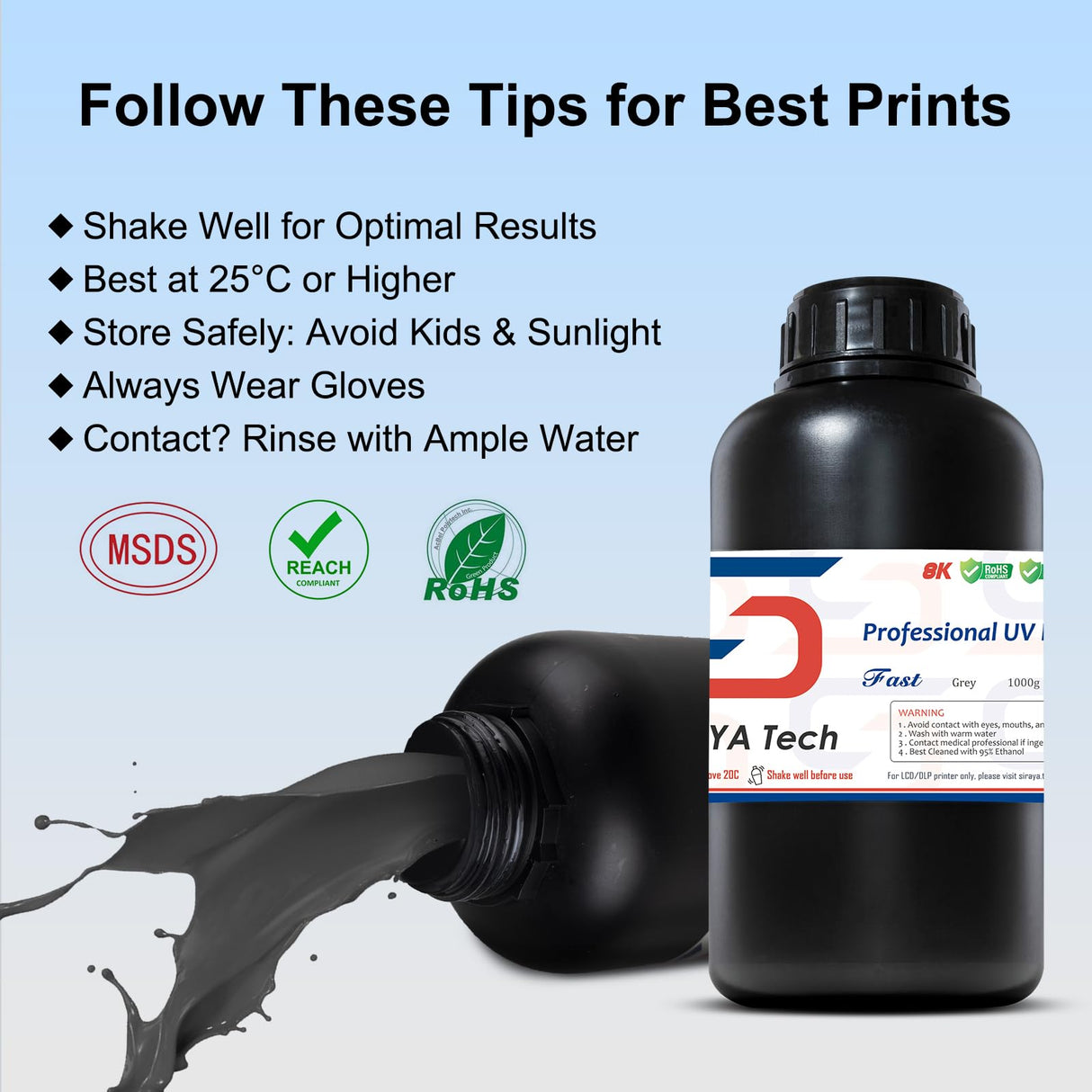 Siraya Tech Fast ABS-Like 3D Printer Resin 405nm UV-Curing Non-Brittle High Precision 3D Printing Liquid Standard Photopolymer Resin for LCD DLP 3D Printing(Grey, 1kg) Siraya Tech