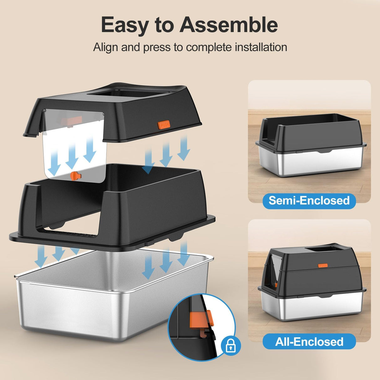 Stainless Steel Litter Box with Lid,Front Entry Top Exit Kitty LitterBox,Extra Large Enclosed Metal Cat Box with Litter Scoop & Litter Mat-Black Lobeve