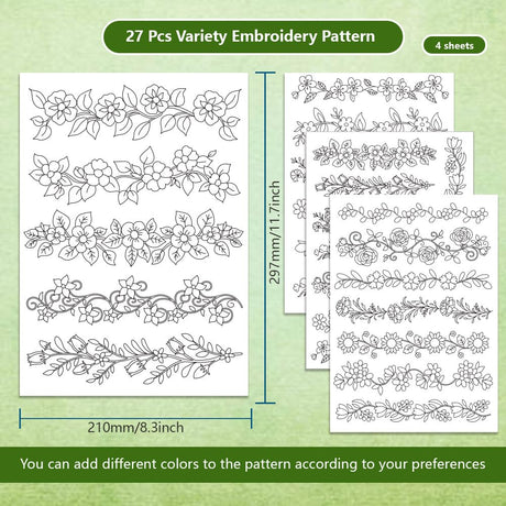 BENECREAT 4 Style 27Pcs Flower Border Water Soluble Hand Sewing Stabilizers, Long Rattan Flowers Tear Away Water Soluble Embroidery Patterns for Carves, Shirts, Coats, Bags, Towels BENECREAT