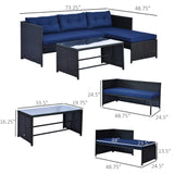 Outsunny 3 Piece Patio Furniture Set, Rattan Outdoor Sofa Set with Chaise Lounge & Loveseat, Soft Cushions, Tempered Glass Table, L-Shaped Sectional Couch, Blue Outsunny