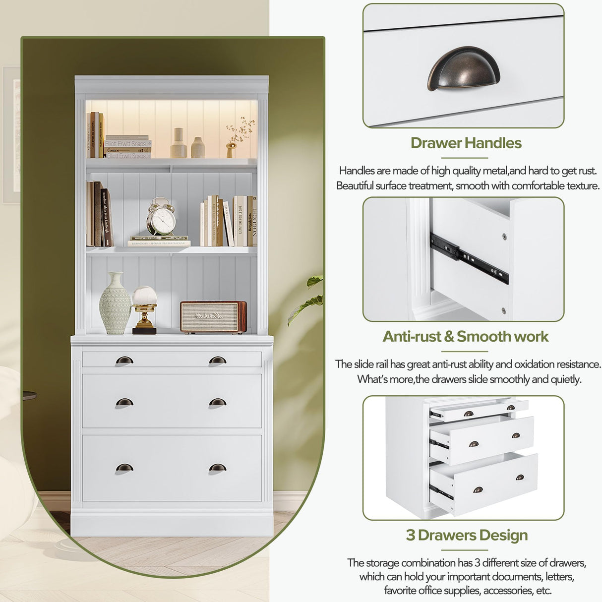 Modern White 83.4" Tall Bookcase with LED Lighting and 3 Drawers for Office and Living Room Bellemave