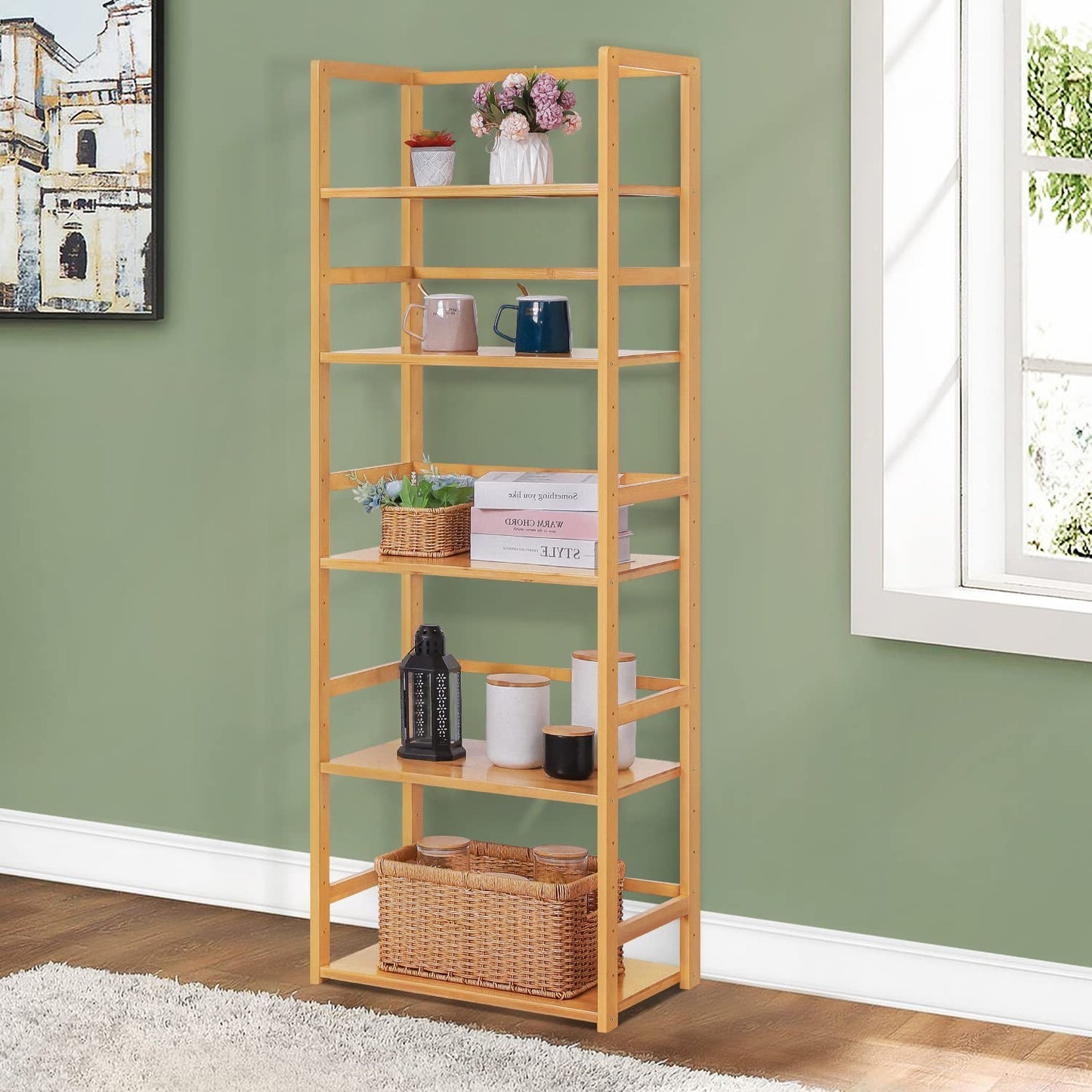 MoNiBloom Bamboo 5 Tier Bookshelf Bookcase Shelf Storage Organizer, Free-Standing Utility Plant Flower Rack for Living Room Office Bedroom Kitchen, Natural