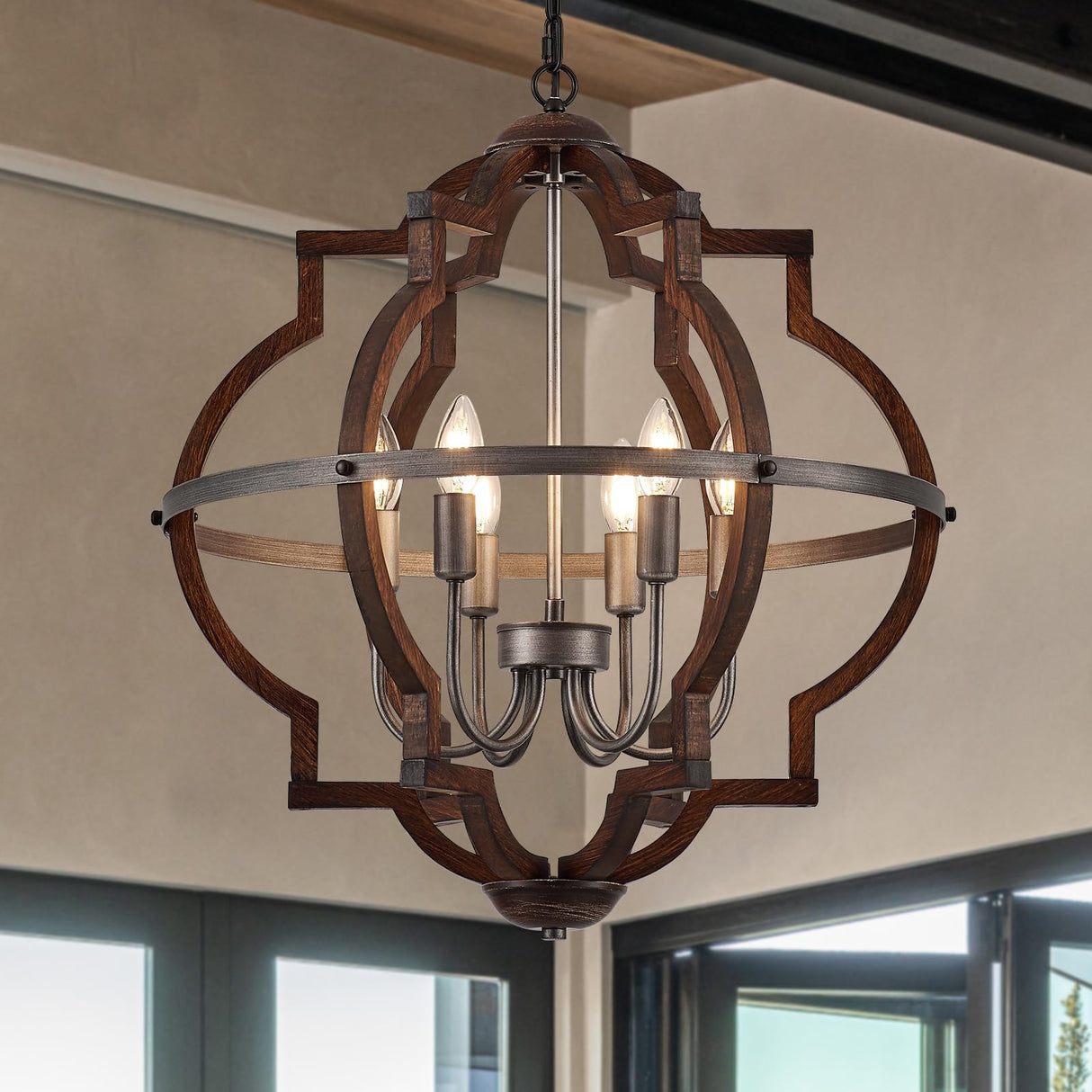 TACDANDM 23'' 6-Light Wood Farmhouse Chandelier for Dining Room Vintage Rustic Oak Brown Pendant Light Fixtures Globe Hanging Ceiling Lighting for Hallway Entryway Foyer Kitchen Living Room Bedroom TACDANDM