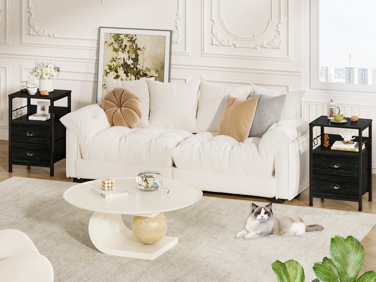 Furologee Nightstands Set 2, End Tables with 2 Fabric Drawers, Bedside Tables with Hooks and Shelf, for Bedroom/Living Room/Study/Black Oak Furologee