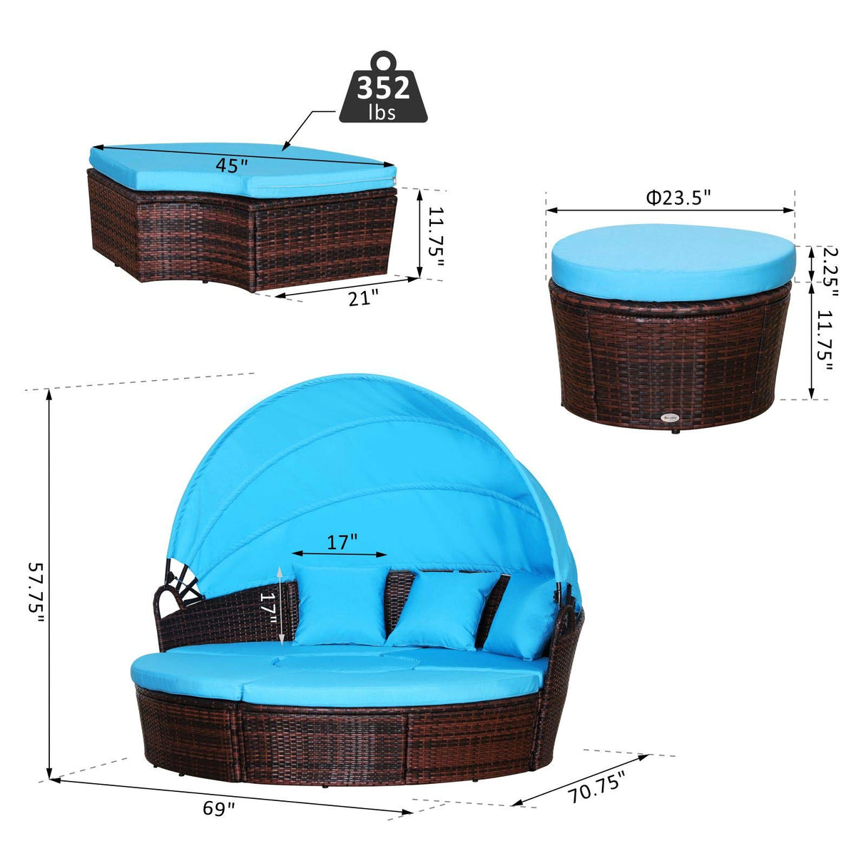 Outsunny 4-Piece Round Convertible Daybed with Cushions, Outdoor PE Rattan Patio Wicker Sofa Set, Sunbed with Adjustable Sun Canopy, Sectional Sofa, 2 Chairs, Table, 3 Pillows, Light Blue Outsunny