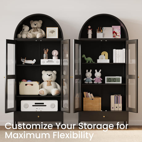 JFHID 73'' Arched Metal Storage Cabinet, Modern Kitchen Pantry with Glass Door, Drawer & Adjustable Shelves, Curio Display Bookcase for Kitchen, Dining or Living Room JFHID