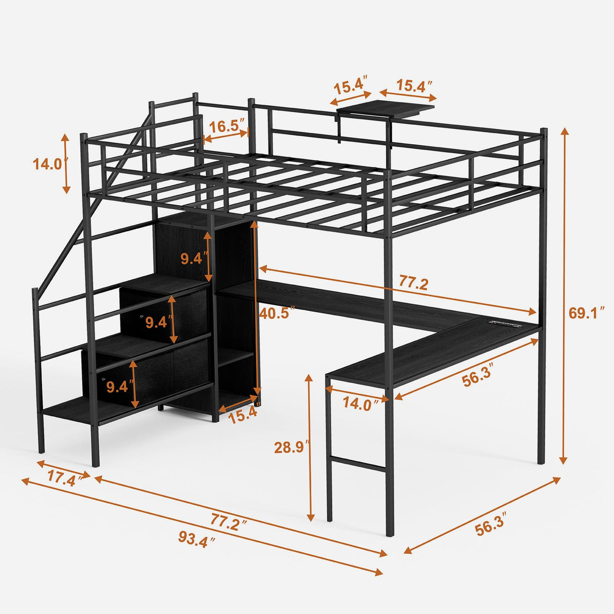 Full Size Loft Bed with L-shaped Desk, Metal LED Loft Bed Frame with Charging Cradle, Space-Saving Full Size Bed with One Cabinet Wardrobe and 2 Storage Drawers, Safety Rails and Ladder, Black FAROUCHE