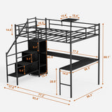 Linique Full Size Gaming Loft Bed with L-Shaped Desk, LED and Charging Station, Metal Loft Bed with Wardrobe and 2 Fabric Drawers for Kids, Teens, Adults, Black Linique
