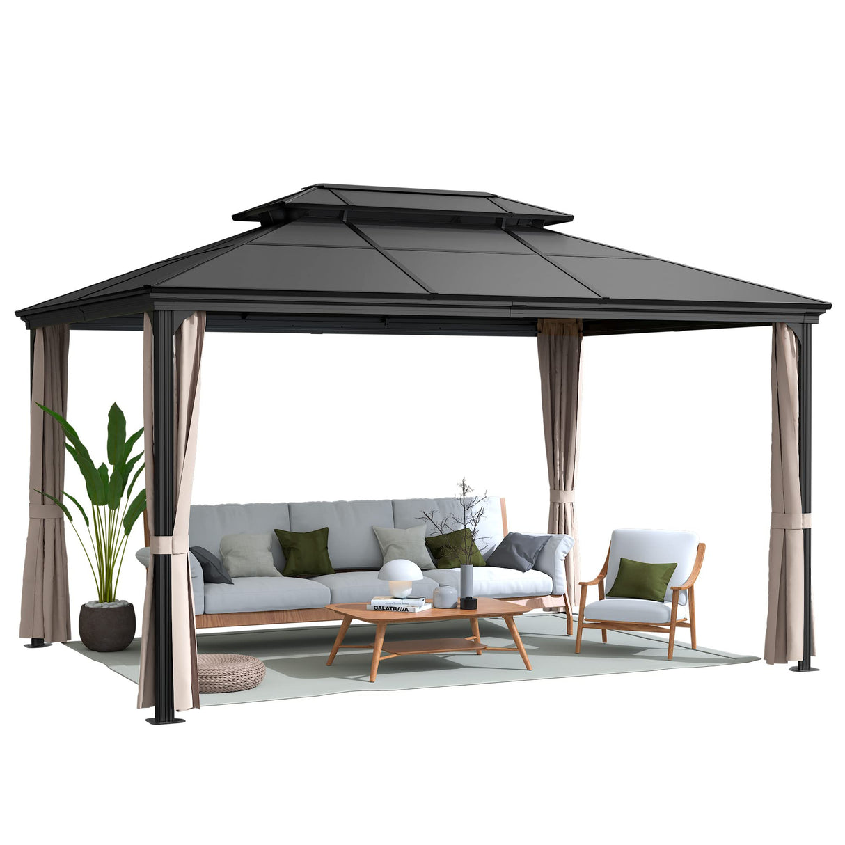 Flamaker Hardtop Gazebo Aluminum Frame Outdoor Gazebo with Privacy Curtains and Gauze Mesh Sunshade Pavilion Double Roof Canopy for Patio, Lawn, Deck, Poolside (Polyurethane Roof, 10' x 13') Flamaker