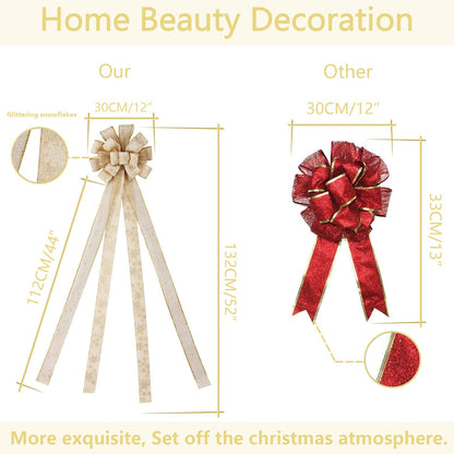 Christmas Tree Topper Bow, 44X12 Inch Artificial Xmas Tree Flower Topper Decor, for Family, Wedding, Birthday Party, Indoor Outdoor Thanksgiving Christmas Decoration - Gold/Snowflake.