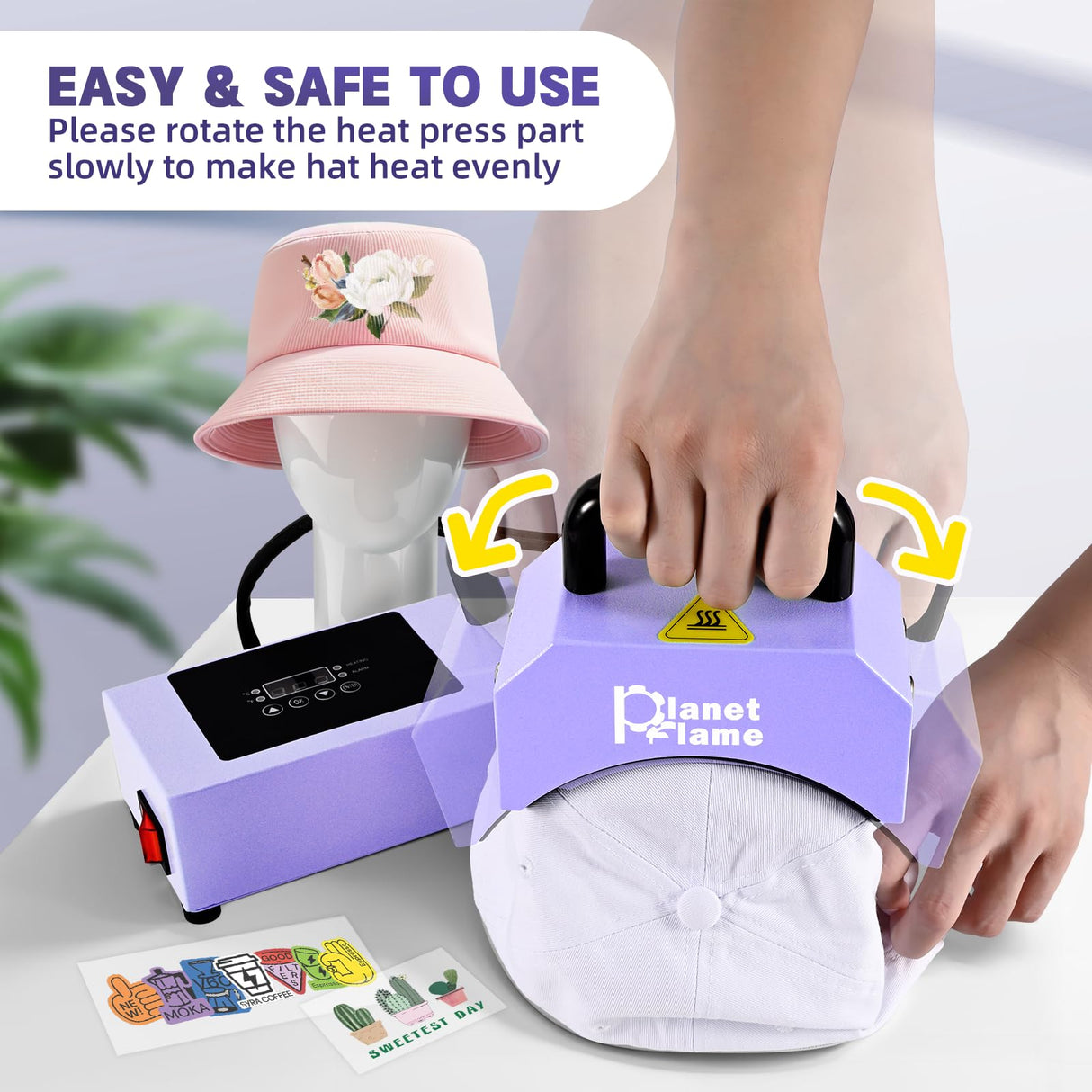 PlanetFlame Hat Press, Mini Hat Press Heat Machine for Caps Hats with 5.4" * 3.1" Curved Teflon Coated Heat Plate & Safety Base for Heat Transfer Vinyl, Sublimation and DIY Projects, Purple PlanetFlame
