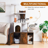 Snughome Cat Tree with Litter Box Enclosure Furniture, 2-in-1 Modern Cat Tower, 58.66’’ Wood Cat Condo with Scratching Post and Hammock, Pet Furniture with Large Platform, Rustic Brown Snughome