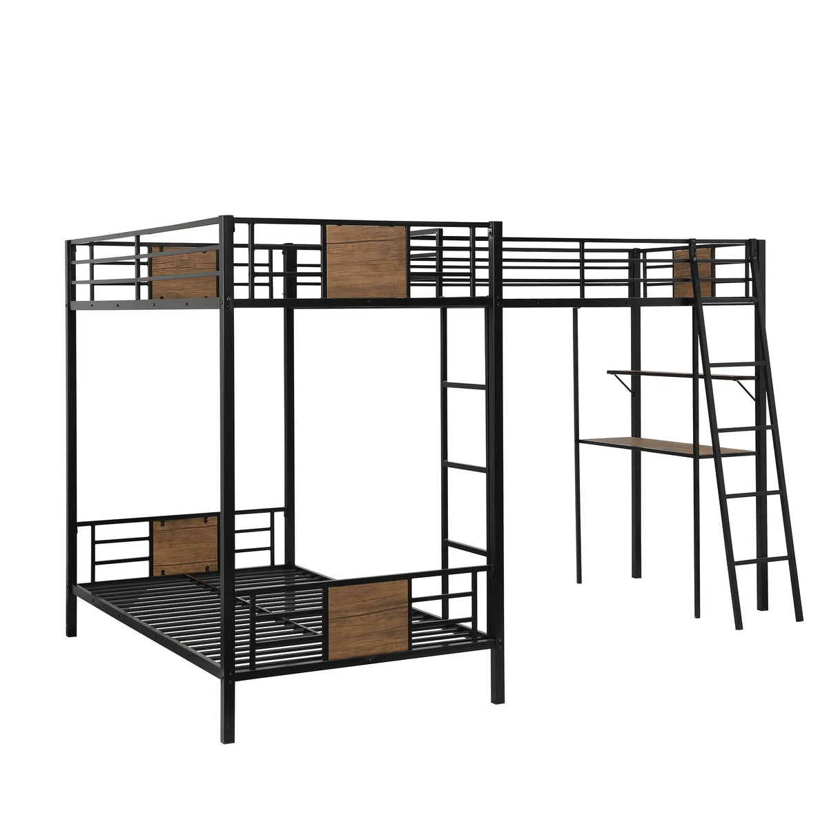 Metal Triple Bunk Bed with Desk and Shelf, L-Shaped Bunk Bed for 3 Kids Teens Adults, Twin Over Twin Bunk Bed with a Twin Size Loft Bed Attached – Brown Bellemave