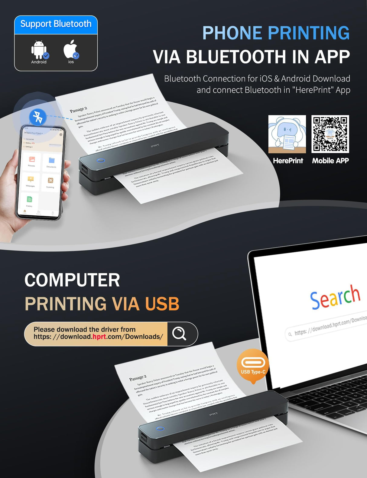 PRT Portable Printer Wireless for Travel, Small Compact Inkless Thermal Printer for Home Use, Office & Vehicles, Bluetooth Printer Supports 8.5" X 11" US Letter A4 A5, for iPhone, Android & Laptop PRT