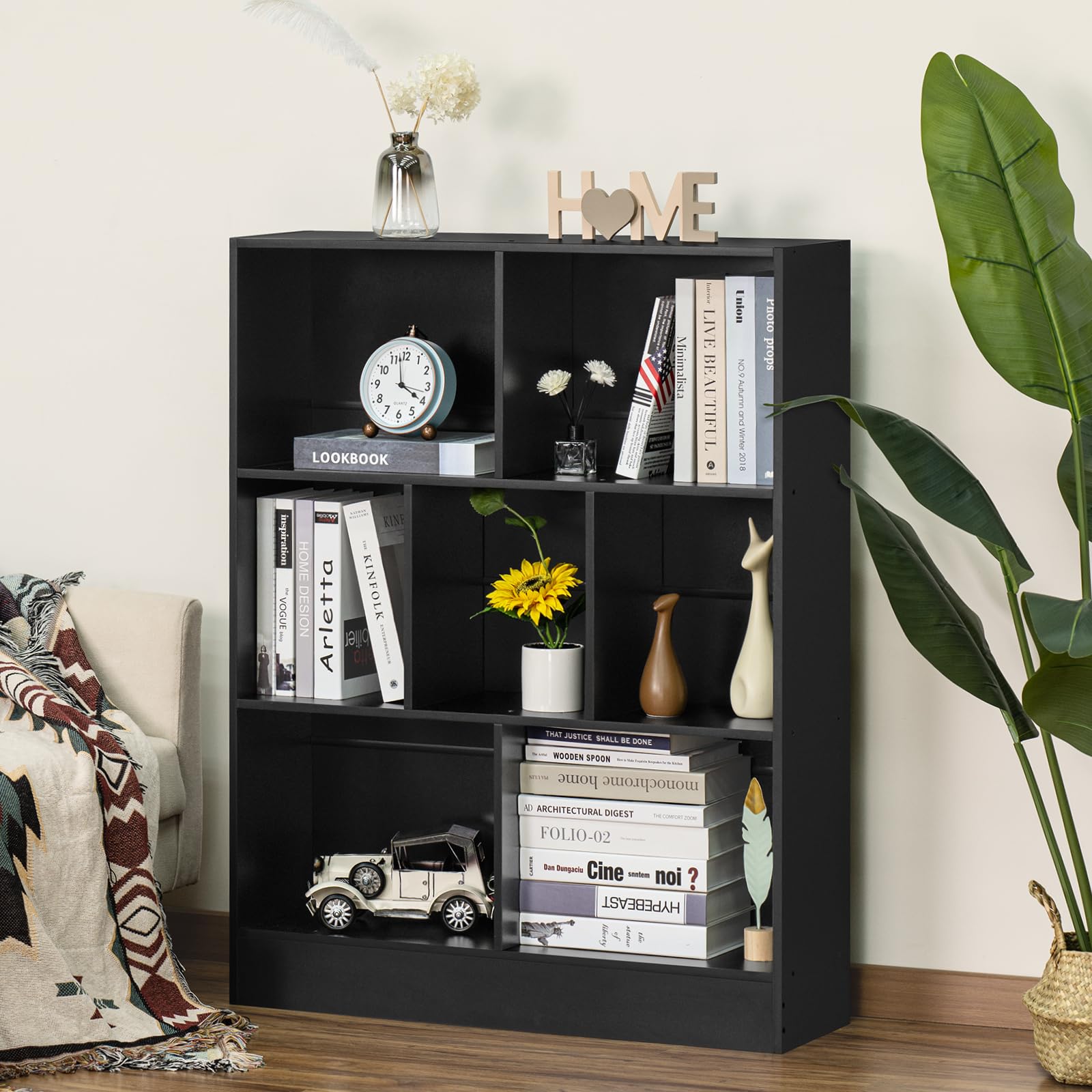 YAHARBO 7 Cube Black Wooden Bookshelf - 3 Tier Modern Organiser for Home and Office - WoodArtSupply