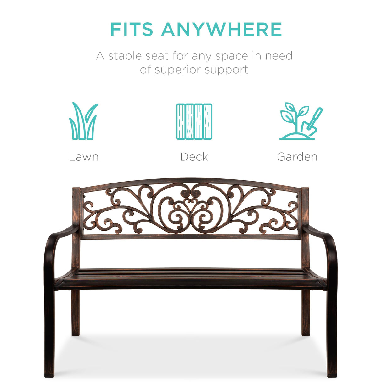 Best Choice Products Outdoor Bench Steel Garden Patio Porch Furniture for Lawn, Park, Deck w/Floral Design Backrest, Slatted Seat - Brown Best Choice Products