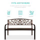 Best Choice Products Outdoor Bench Steel Garden Patio Porch Furniture for Lawn, Park, Deck w/Floral Design Backrest, Slatted Seat - Brown Best Choice Products