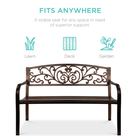 Best Choice Products Outdoor Bench Steel Garden Patio Porch Furniture for Lawn, Park, Deck w/Floral Design Backrest, Slatted Seat - Brown Best Choice Products