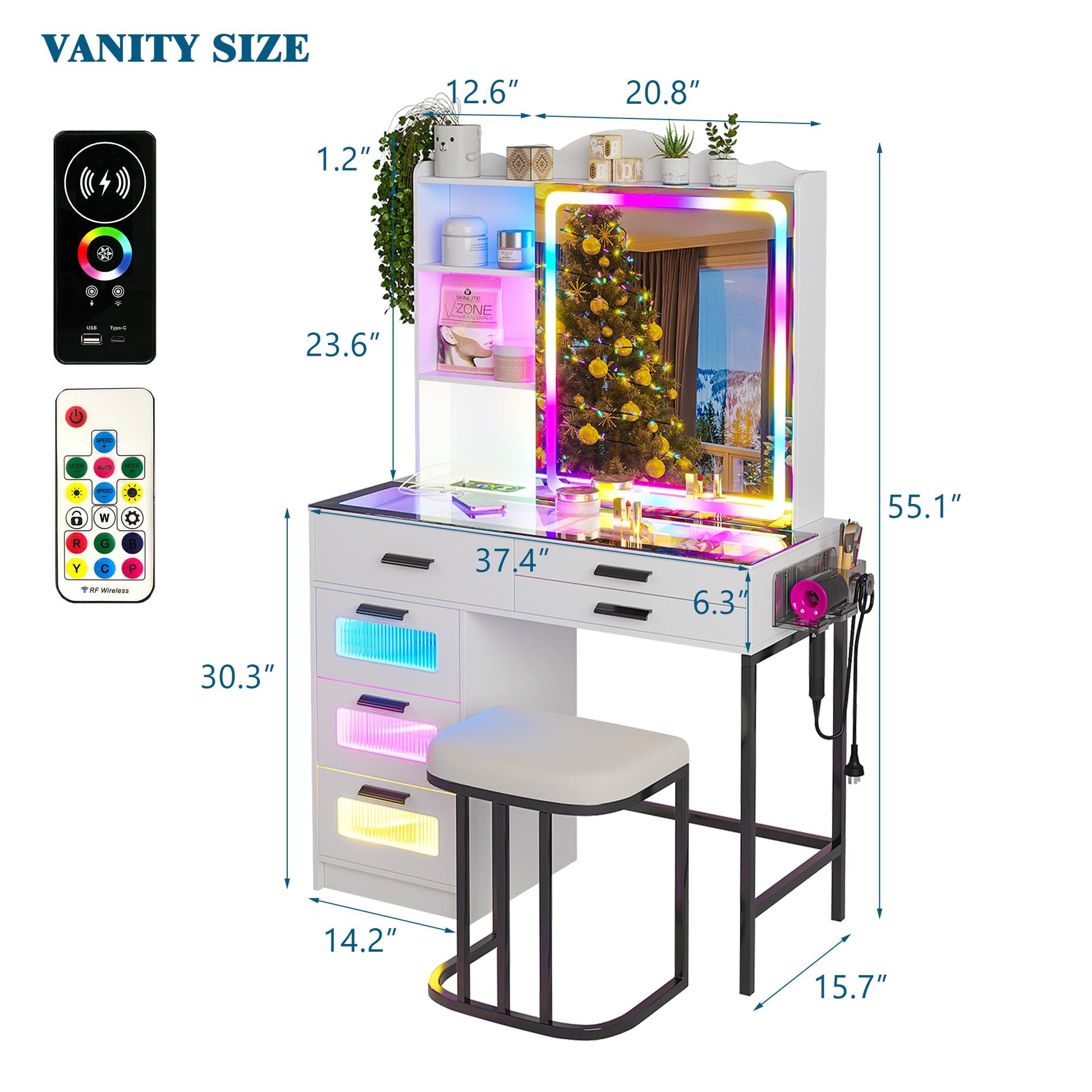 WOOVIVS RGB Vanity Desk with Sliding Mirror and Lights, LED Makeup Vanity with Charging Station/Motion Sensor Light, Glass Top Vanities Dressing Table Set with Jewelry Box,6 Drawers,Stool (Wh - WoodArtSupply