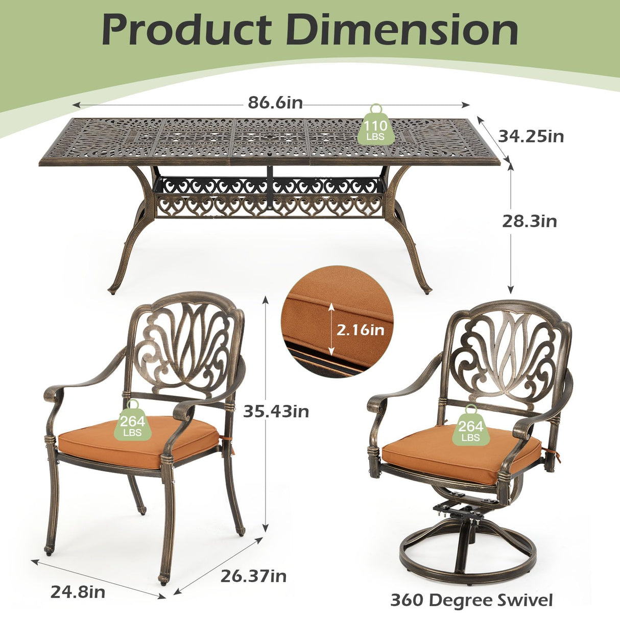 [Hi-End]9-Piece Outdoor Dining Set All Aluminum Patio Table and Chairs Set with 2 Swivel Chair & 6 Patio Chair Outdoor Dining Table Set for 8 Include 86.6’’ Rectangular Patio Table with Umbrella Hole RICHRYCE