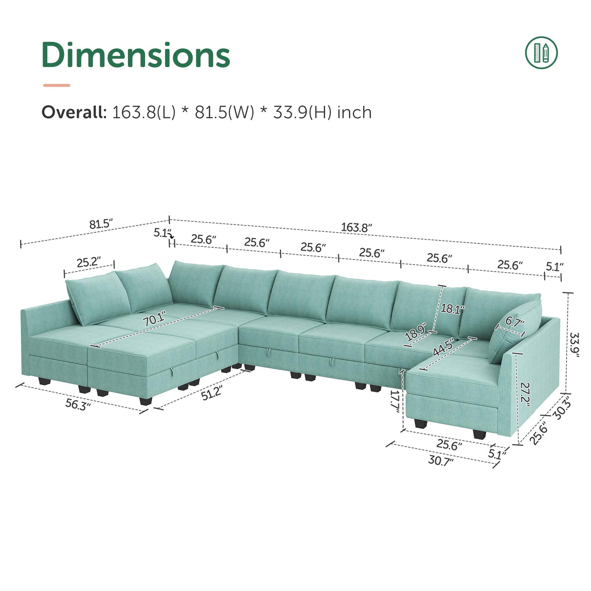 HONBAY Convertible U Shaped Modular Sofa Sectional Modular Couch with Chaise Oversized Sofa Sleeper Couch for Large Living Room,Aqua Blue HONBAY