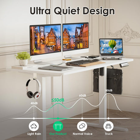 STARY Electric Adjustable Height Sit Stand Home Office Desk with Splice Board, 48x24, White Desktop/White Frame STARY