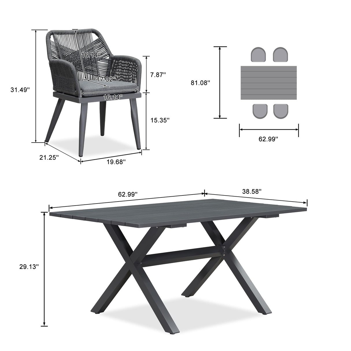 PURPLE LEAF 5 Pieces Outdoor Dining Set All-Weather PE Rattan Outdoor Patio Furniture Set with All Aluminum Frame Rectangular Table and Chairs Set for Lawn Garden Backyard Deck, Grey PURPLE LEAF