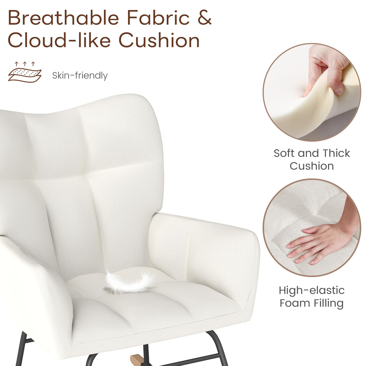 Skandiquip Nursery Rocking Chair, Rocking Chairs for Nursery, Baby Rocker Chair, Glider Rocker, Anti-Tip Safety Design, 440 Lb Weight Capacity, Cotton Fabric Cover, White Skandiquip