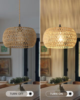 Rattan Boho Hanging Light,12.6'' Natural Hand Woven Fabric Drum Light,Plug Into Wall Outlet Pendant Light Fixture On/Off Switch for Dining,Living Room,Bedroom,Kitchen,Hallway Entryway, Without Bulb Dgroositon