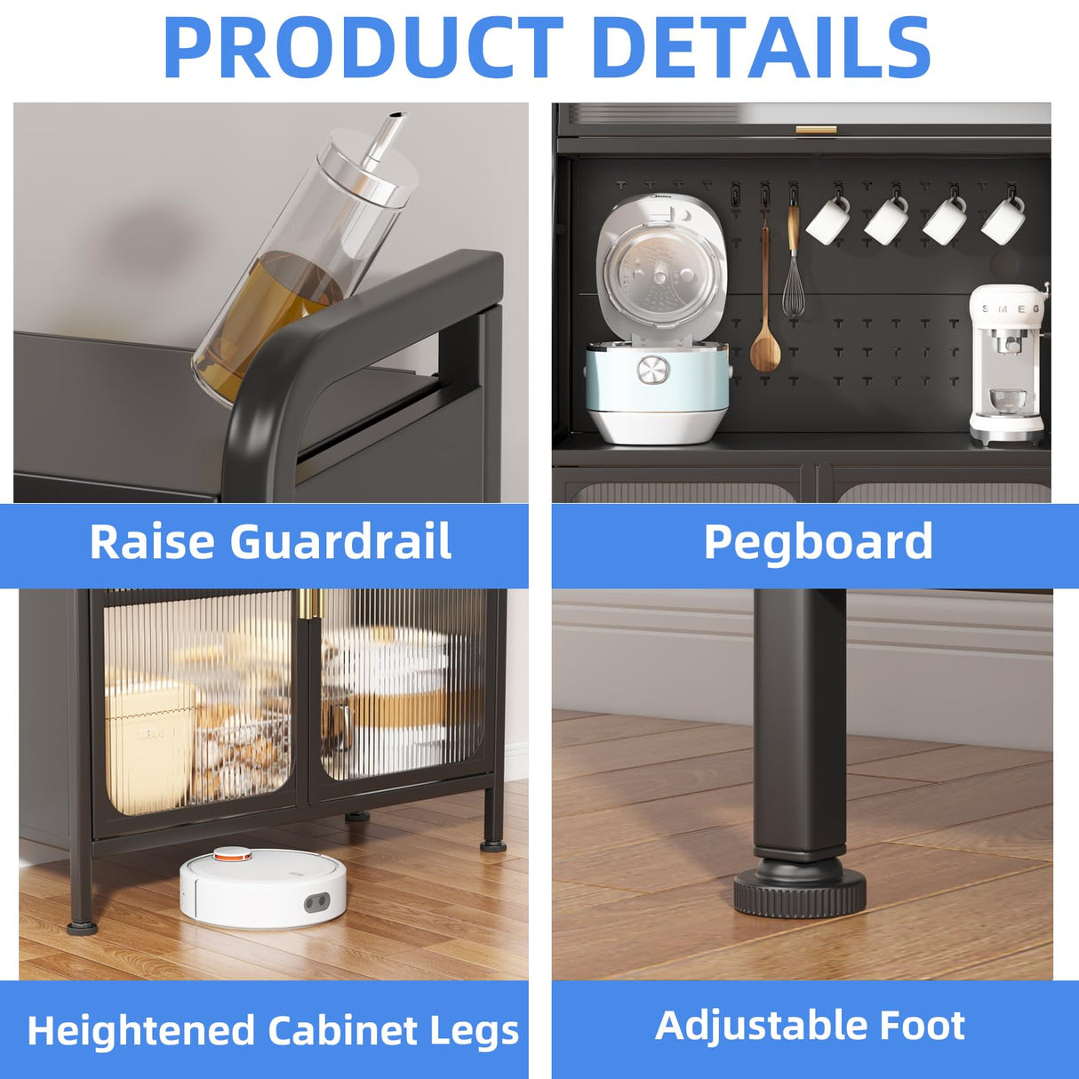 haiorjun Bakers Rack with Storage Cabinet, 66" Tall Kitchen Pantry Cabinet with Microwave Stand, Wheels, Doors and Metal Pegboard Panels for Living Room, Dining Room,Black haiorjun