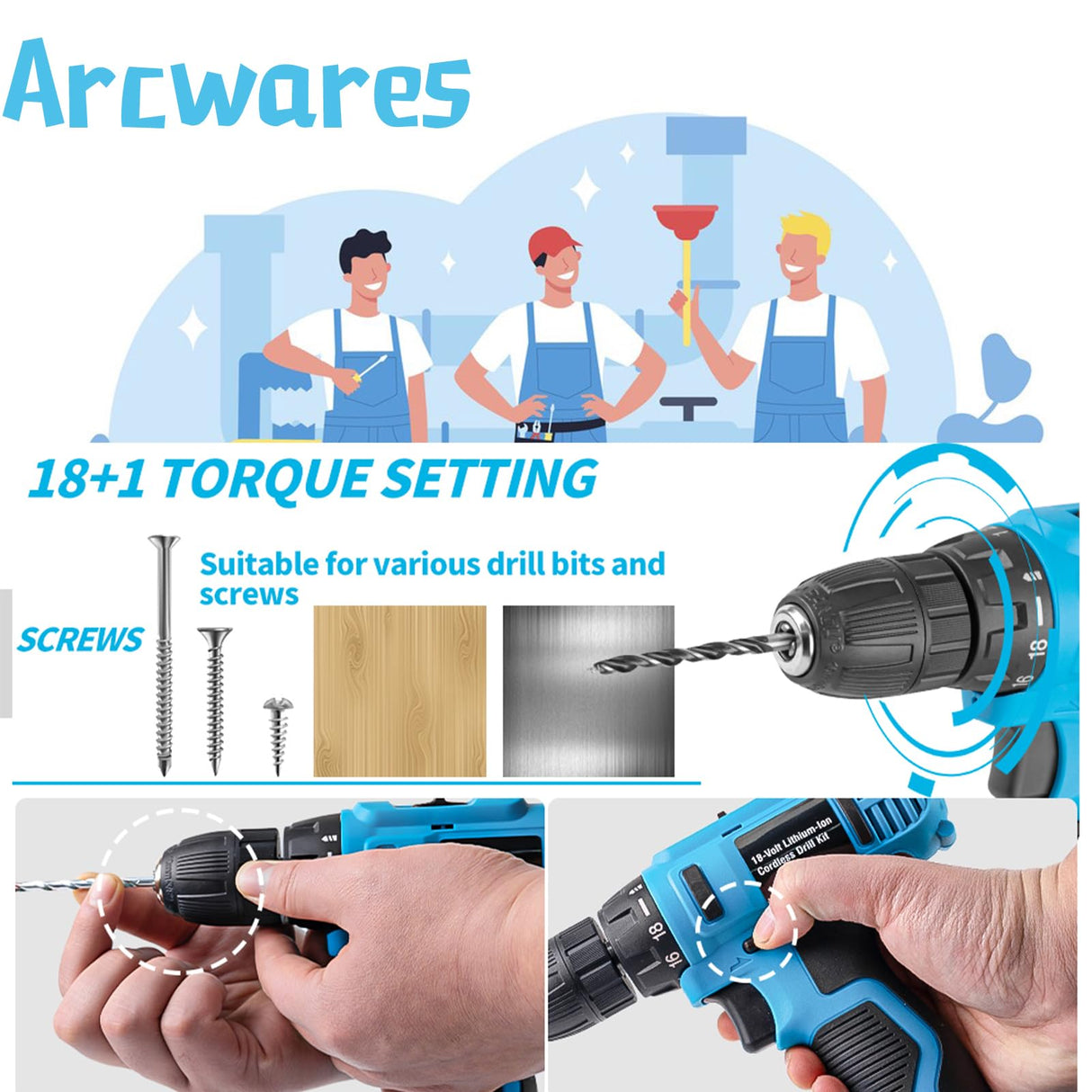 346 Pcs Tool Sets,18V Electric Power Drill Set, Cordless Drill for Men, Household Home DIY Hand Tool Kits,18+1 Clutch Cordless Power Drill Set for Thanksgiving, Christmas,Father's Day (Blue) Arcwares