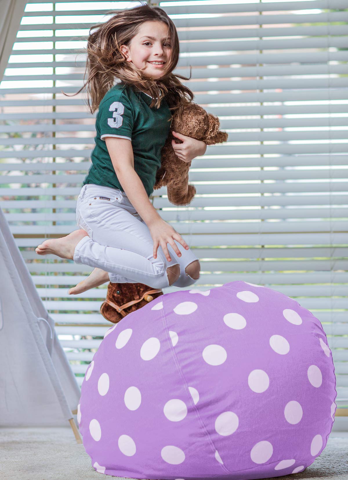 Wekapo Stuffed Animal Storage Bean Bag Chair Cover for Kids | Stuffable Zipper Beanbag for Organizing Children Plush Toys Large Premium Cotton Canvas (Purple Dot, X-Large) WEKAPO