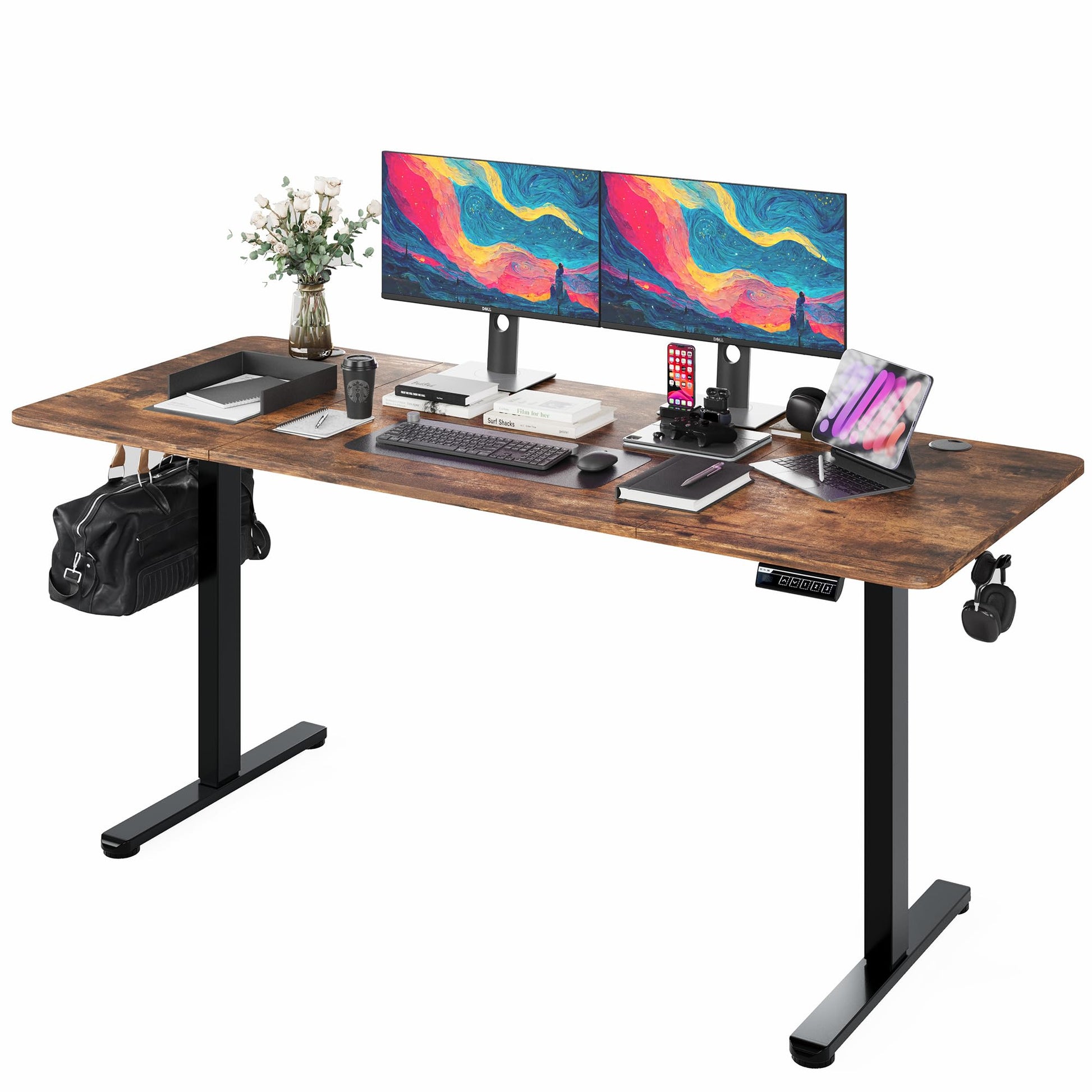 Monomi Electric Standing Desk, 63 x 28 inches Height Adjustable Desk, Ergonomic Home Office Sit Stand Up Desk with Memory Preset Controller (Rustic Brown Top/Black Frame) - WoodArtSupply