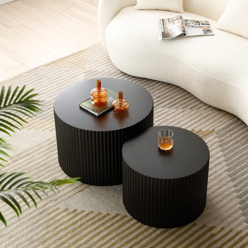 WILLIAMSPACE Black Round Coffee Table Set of 2, Nesting Coffee Tables for Living Room, Modern Wooden Side Tables Accent End Table for Apartment, No Need Assembly (Black-Round) WILLIAMSPACE