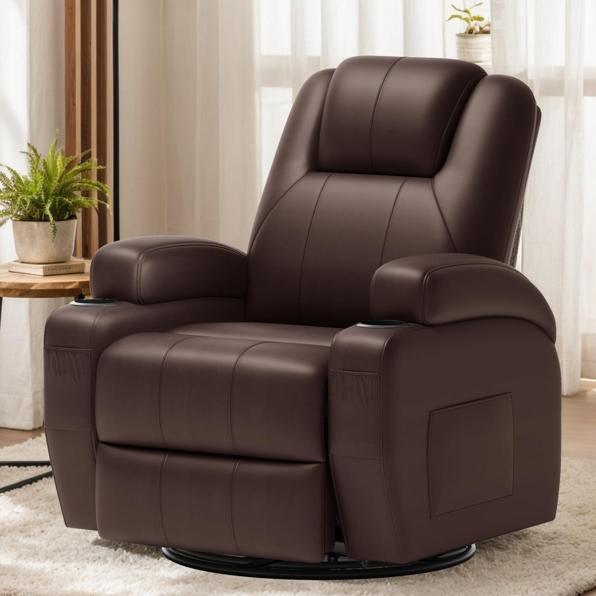 Flamaker Swivel Rocker Recliner Chair with Vibration Massage, 360° Swivel Recliner Chairs for Adults Ergonomic Lounge Chair with Cup Holders Lazy Boy Recliner Single Sofa Seat (Leather, Brown) Flamaker