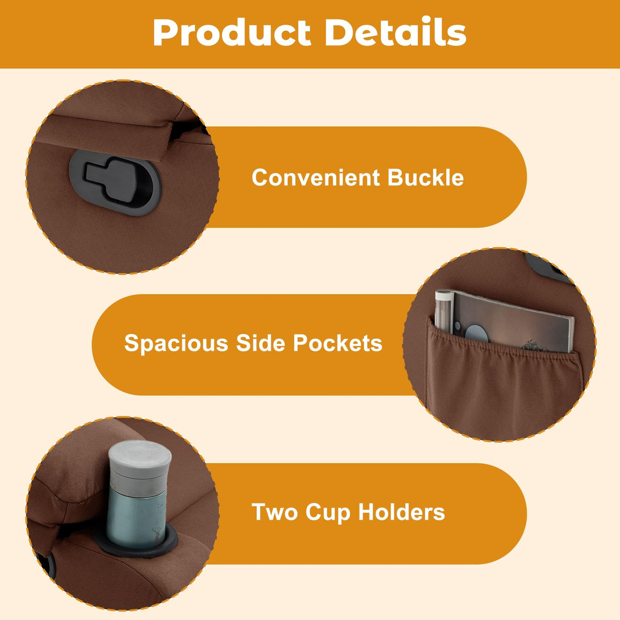 Korser Recliner Chair, Small Recliners for Small Spaces, Manual Recliner with Cup Holders and Side Pockets, Reclining Chair, Chairs for Living Room, Bedroom, Nursery, Brown Korser