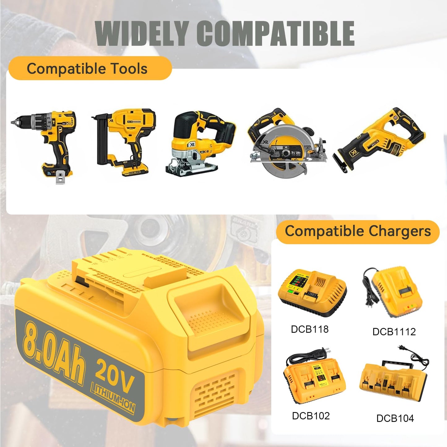 JUNWOOD 2Pack 8.0Ah MAX Lithium Replacement for Dewalt 20V Battery with 20 Volt Dual Port Battery Charger DCB200 DCB201 DCB204 DCB206 DCB207 DCD/DCF/DCG XR Series - WoodArtSupply