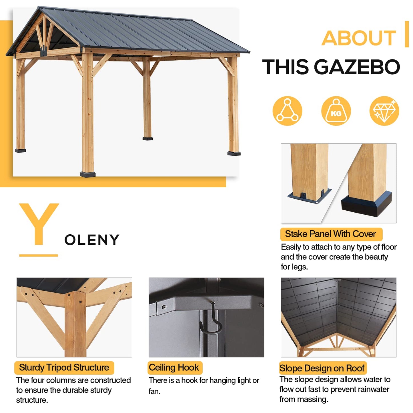 YOLENY 11' x 13' Wood Gazebo Outdoor Gazebo Spruce Wood Framed Gazebo with Black Steel Hardtop Roof for Garden, Patio, Lawns, Parties - WoodArtSupply